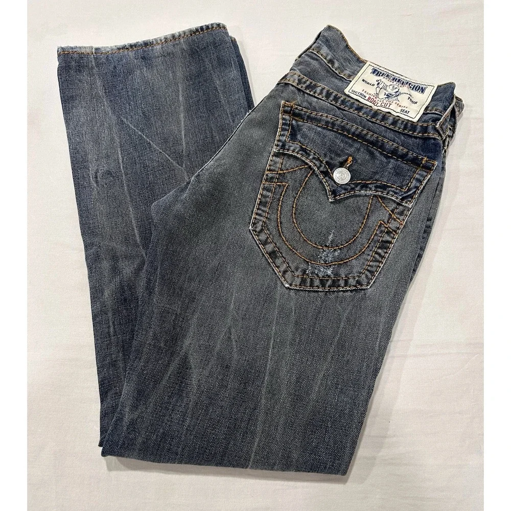 True Religion Big T Red Bootcut Distressed Gray/Blue Battleground 30 X 31 Jeans